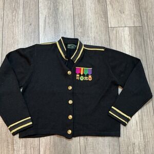 Vintage Military Style Cardigan‎ Black Gold Trim Embroidered Medals L Large